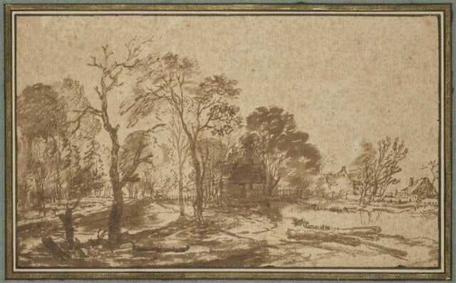 Paysage avec trois habitations rustiques entourées d'arbres