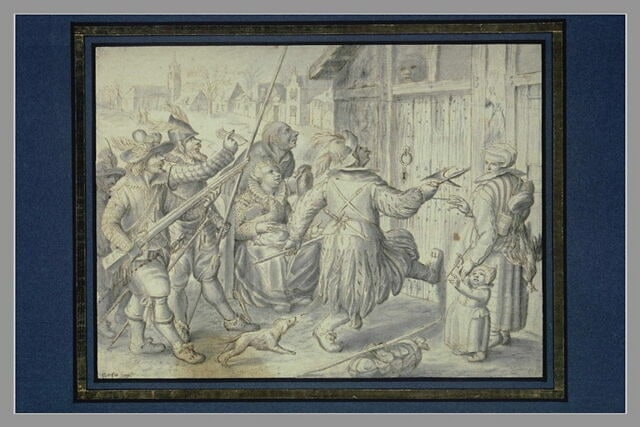 Soldats cherchant à forcer la porte d'une maison