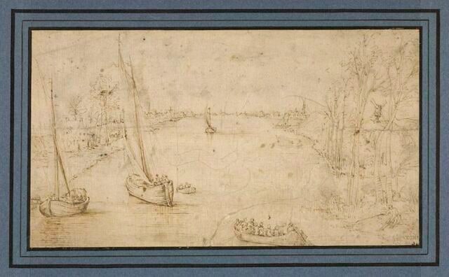 Barques sur une large rivière bordée d'arbres, de maisons et de figures