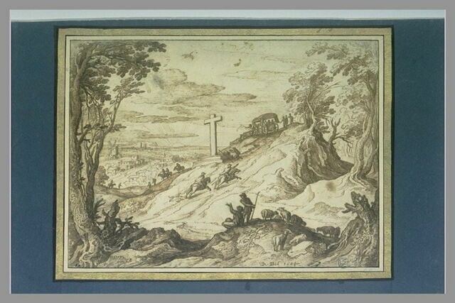 Paysage avec des bergers et des moutons, une route animée de voyageurs