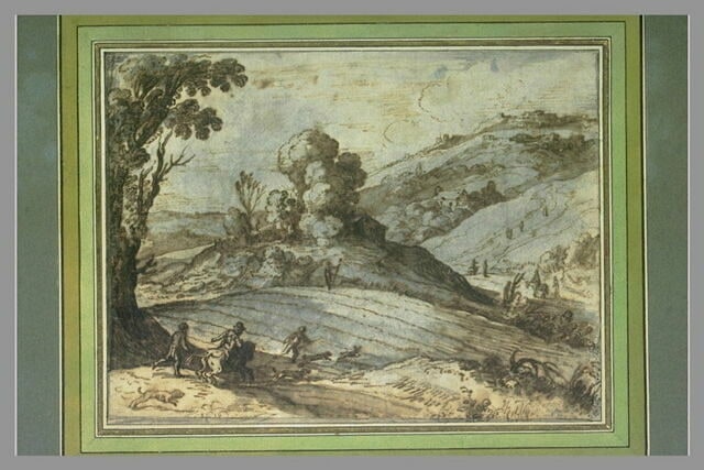 Chasseurs dans un paysage vallonné