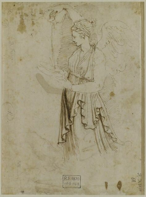 Femme ailée, drapée, versant de l'eau dans une coupe