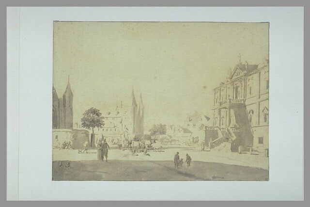 Vue d'une place de ville animée de figures et d'un troupeau de bétail