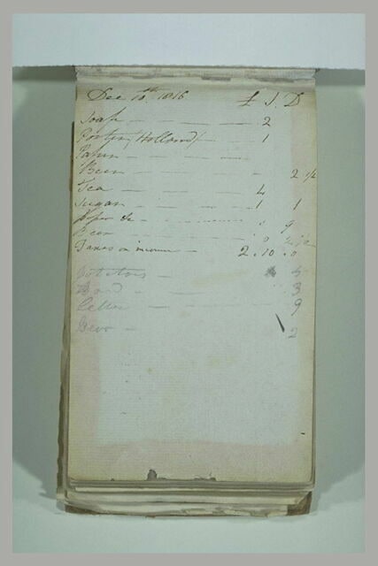 Note manuscrite : liste de courses avec les prix en date du 10 décembre 1816