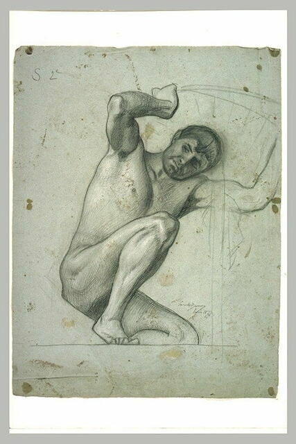 Homme accroupi, portant un fardeau