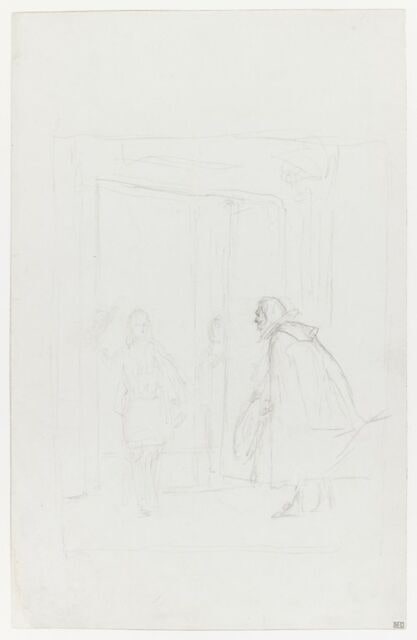 Deux personnages masculins se saluant, en costume du XVIIe siècle. Etude pour la Réception du Grand Condé à Versailles.