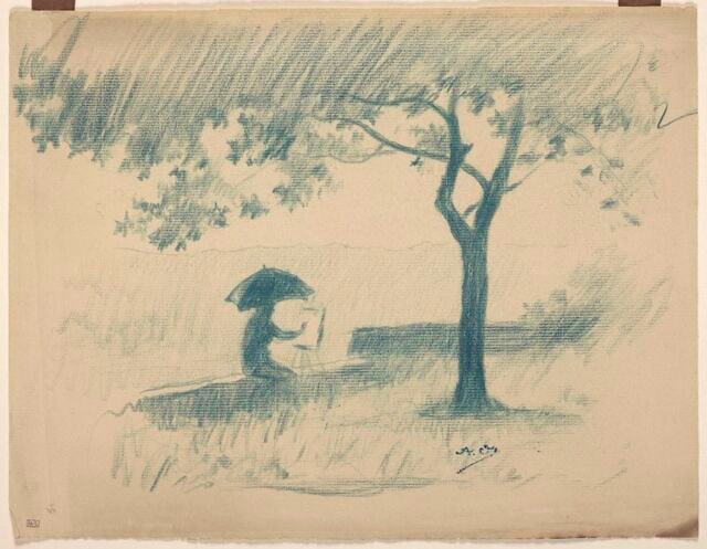 Personnage s'abritant sous un parapluie, assis sur un muret et dessinant sous un arbre