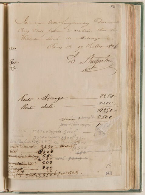 Notes : reçu signé d'Augustin daté du 17 juillet 1826 et relevés de comptes