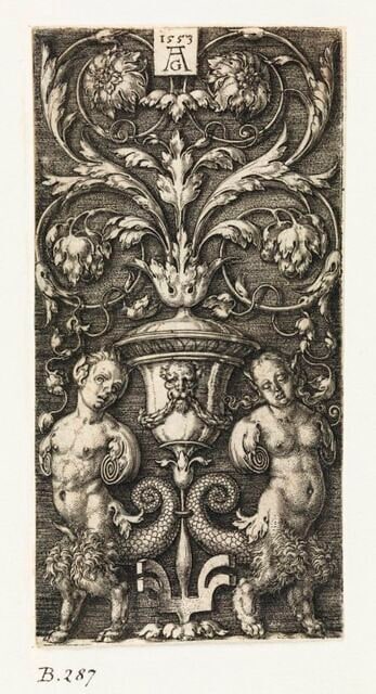 Ornement au vase et aux deux chimères