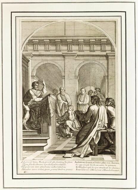 La vie de Saint Bruno, fondateur de l'ordre des Chartreux : Saint Bruno enseignant la théologie dans les écoles de Reims (planche numérotée 5)