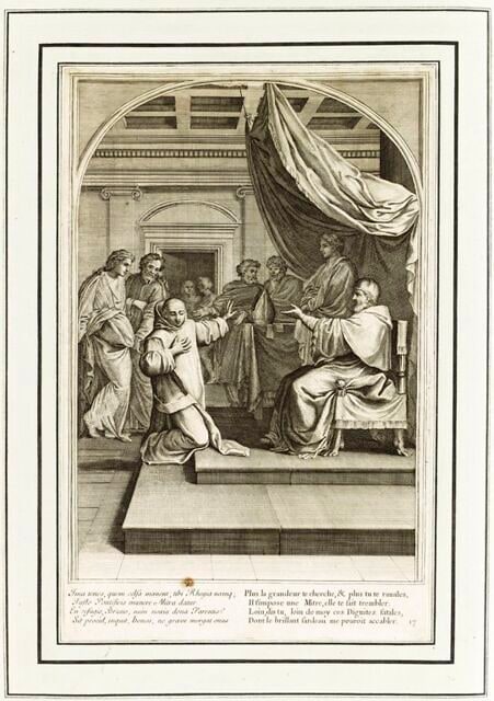 La vie de Saint Bruno, fondateur de l'ordre des Chartreux : Saint Bruno refuse l'archevêché de Reggio (planche numérotée 17)