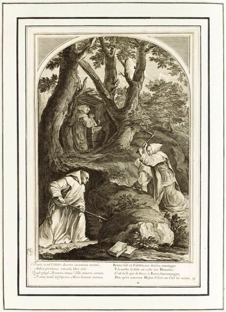 La vie de Saint Bruno, fondateur de l'ordre des Chartreux : Saint Bruno en prière dans son ermitage de Calabre (planche numérotée 18)
