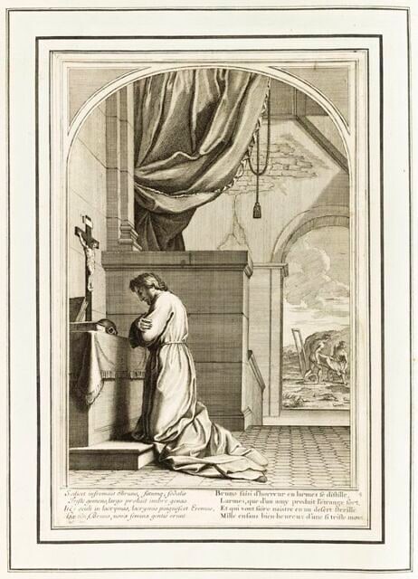La vie de Saint Bruno, fondateur de l'ordre des Chartreux : Saint Bruno agenouillé et priant devant un crucifix tandis qu'à l'arrière-plan deux hommes enterrent Raymond Diocrès (planche numérotée 4)