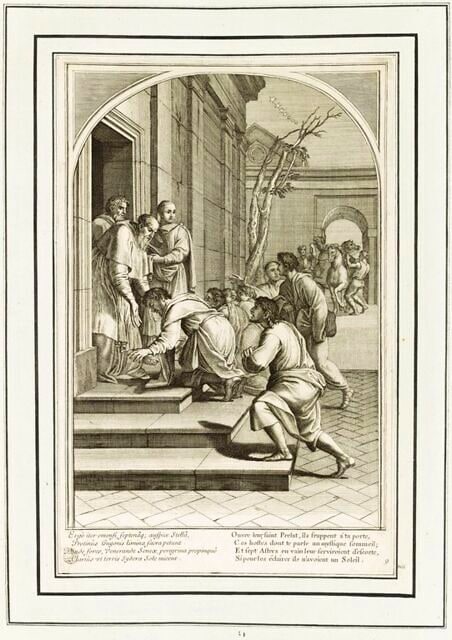 La vie de Saint Bruno, fondateur de l'ordre des Chartreux : L'arrivée de Saint Bruno à Grenoble, chez saint Hugues (planche numérotée 9)
