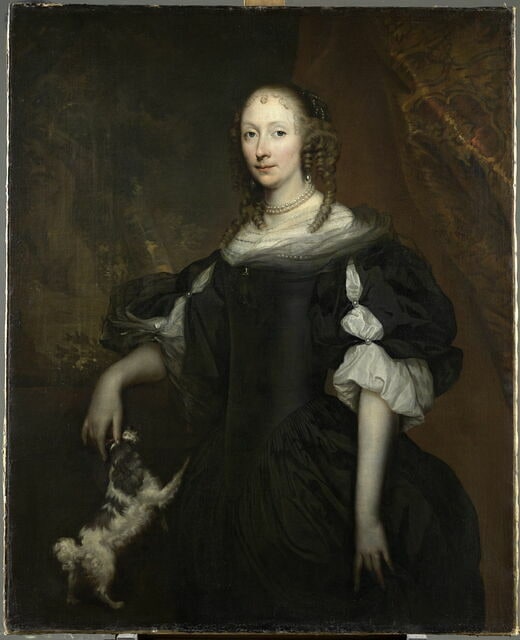 Portrait d'une dame de qualité sur un fond de parc, avec un épagneul nain à ses côtés