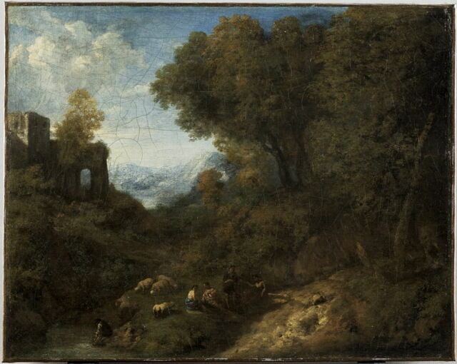 Paysage avec une ruine. Bergers et troupeaux au bord d'un ruisseau