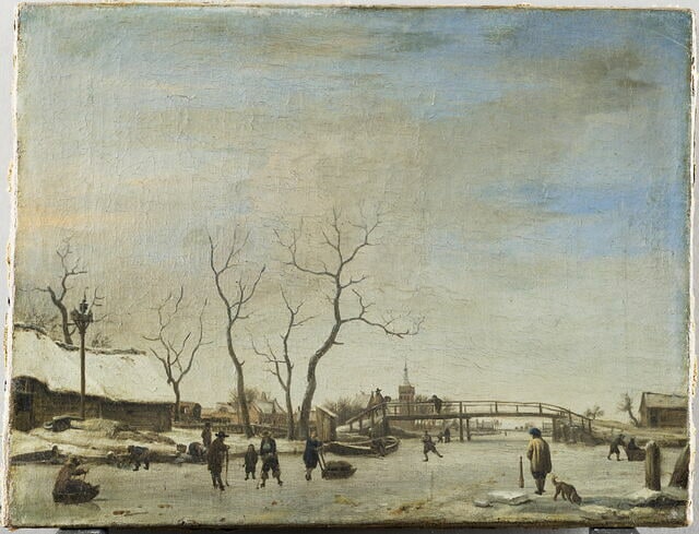 Canal (ou rivière?) gelé avec patineurs et joueurs de hoquet
