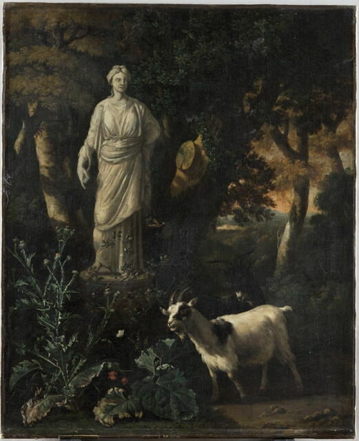Deux Chèvres au pied d'une statue de déesse antique