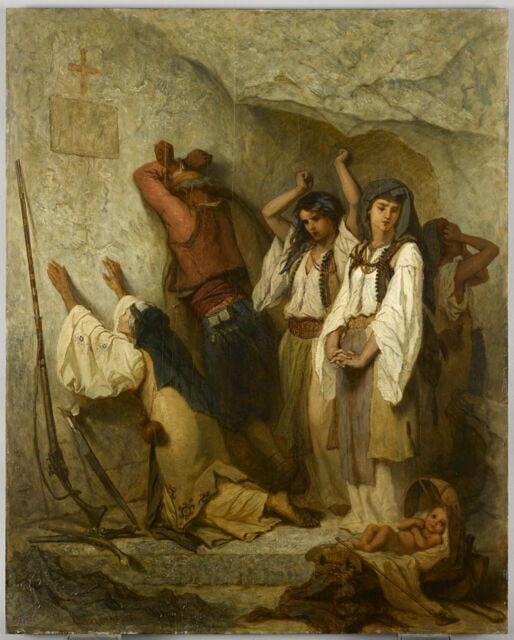 Famille monténégrine pleurant ses morts après un combat, à l'entrée du monastère de Cettigne.
