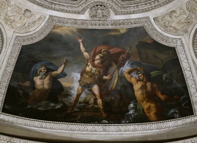 Plafond : L'Eau. Achille près d'être englouti par le Xanthe et le Simoïs,irrités du carnage qu'il a fait des Troyens.