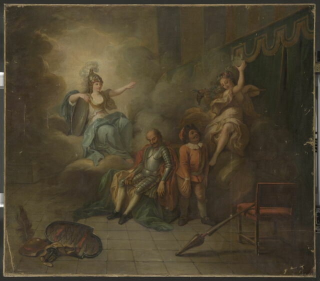 Don Quichotte guéri de sa folie par la Sagesse. (Cervantes, Don Quichotte).