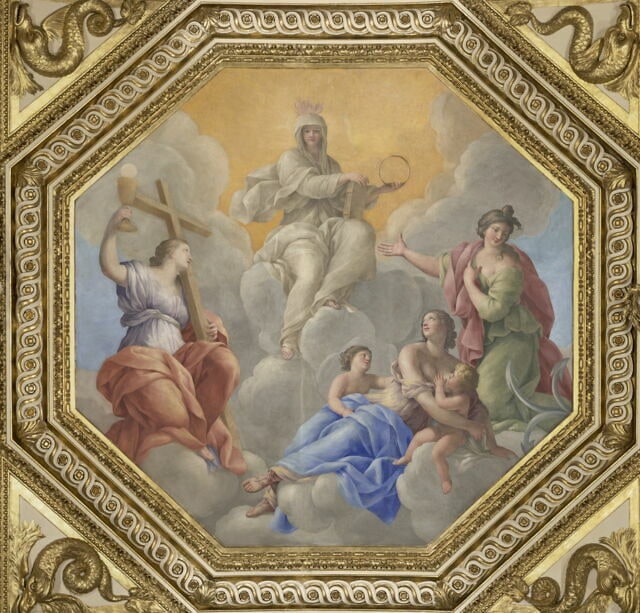 Plafond : Salle des Antonins - au centre de la voûte: la Religion et les Vertus théologales