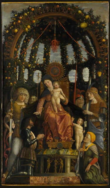 La Vierge et l'Enfant entourés de six saints (Michel, André, Longin, Georges, Élisabeth, le jeune saint Jean Baptiste) et adorés par Francesco II Gonzaga, dit La Vierge de la Victoire.