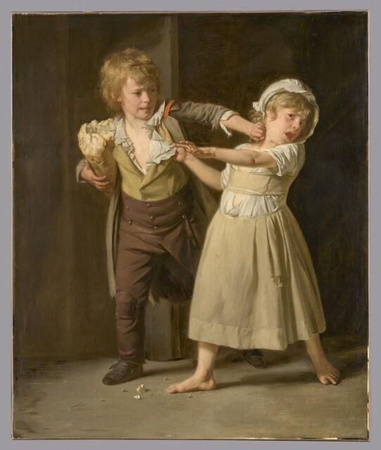 Scène de misère. Deux enfants se disputant un morceau de pain.