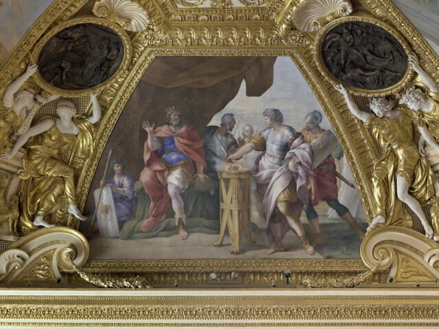 Plafond : Salle de Septime Sévère - Mucius Scaevola, au dessus de la corniche, côté sud.