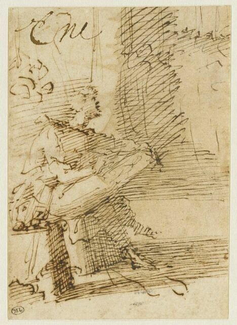 Zeuxis assis, vu de profil à droite, dessinant