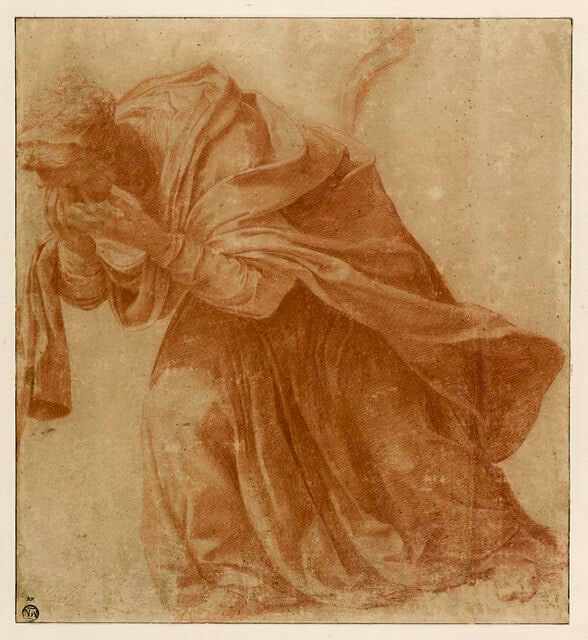 Femme drapée, penchée en avant, les mains devant ses yeux