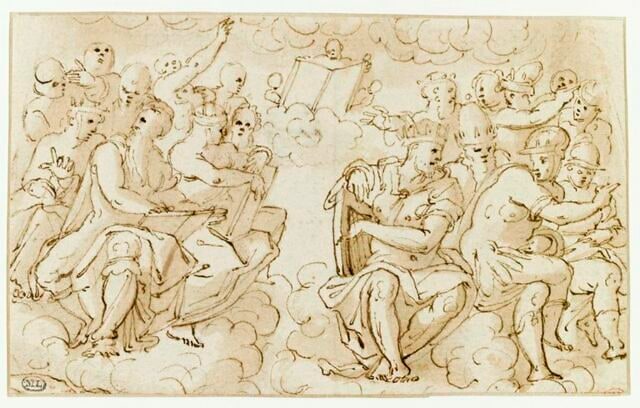 Deux groupes de figures assises, sur des nuages : princes séculiers