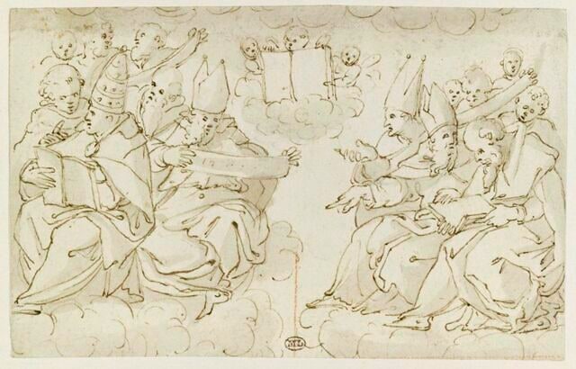 Deux groupes de pontifes, évêques, prêtres et un angelot