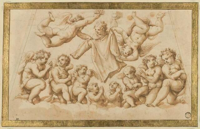 Choeur d'anges dont trois volant portant les dés et la tunique de Jésus