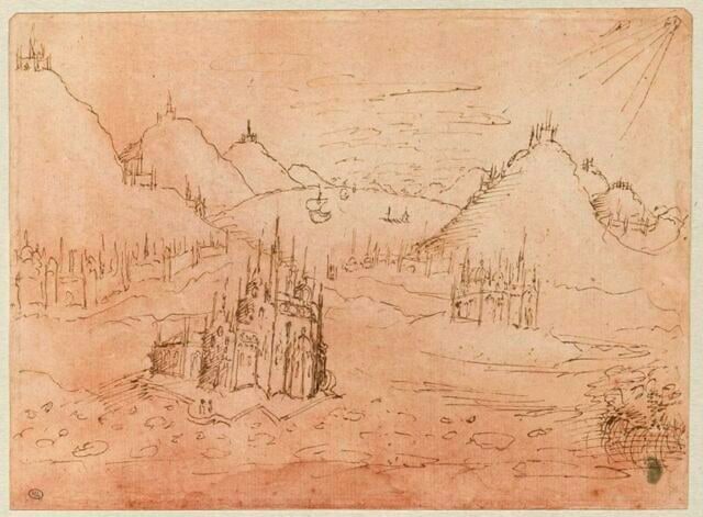 Eglises gothiques, villes et citadelles dans un paysage montagneux avec un lac