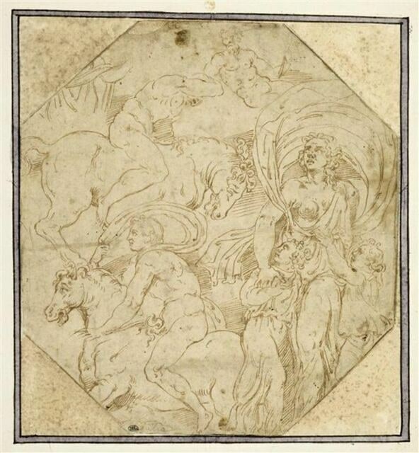 Une femme tenant deux enfants, deux hommes à cheval, deux demi-figures