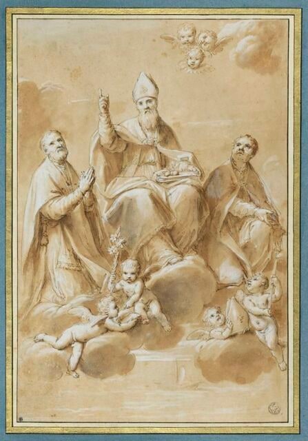 Saint Nicolas, évêque de Mira au milieu de deux saints sur des nuages