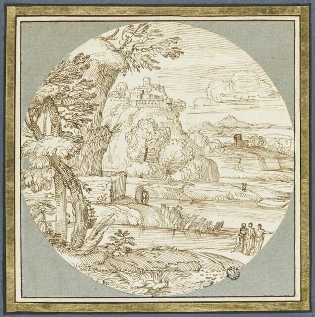 Dans un paysage rocheux, en bord de mer, trois figures conversant