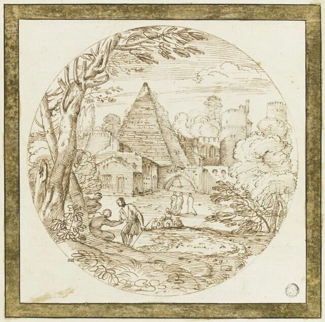 Figures aux abords des murs d'un château, avec une pyramide