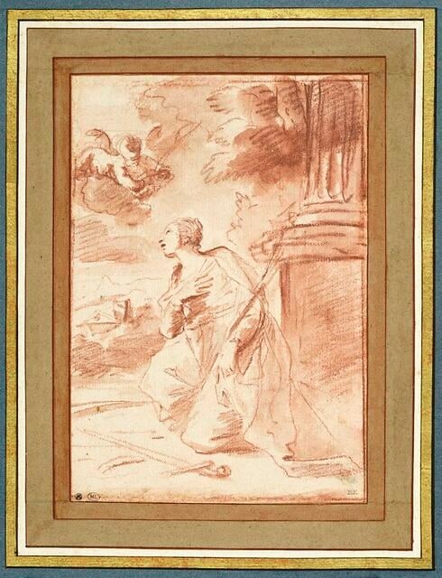 Une sainte martyre à genoux, tournée vers la gauche : sainte Catherine (?)