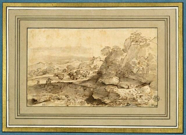 Paysage montueux dans lequel avancent trois figures