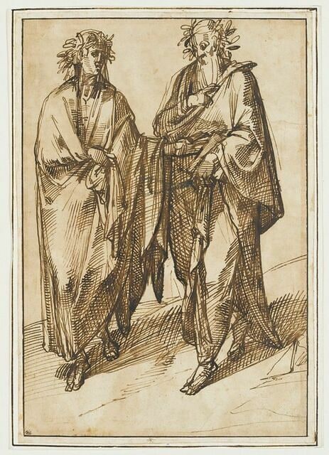 Deux poètes debout, drapées, couronnées de lauriers