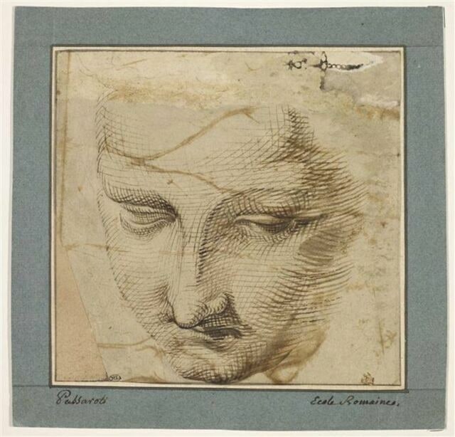 Tête de femme, vue de face, inclinée en avant