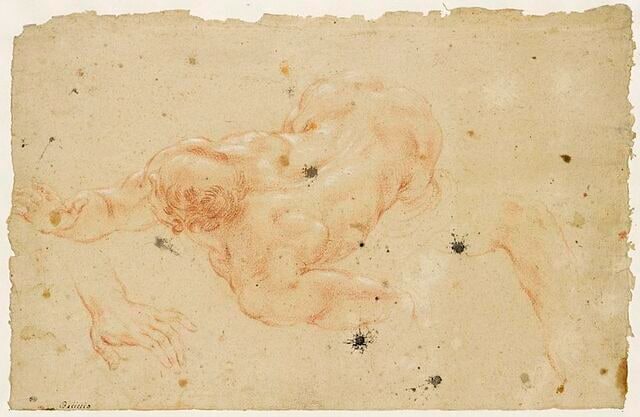 Une figure nue, étendu sur le ventre, vue du dessus ; une main et un bras