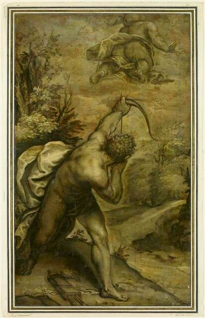Apollon dirigeant des flèches contre Mercure