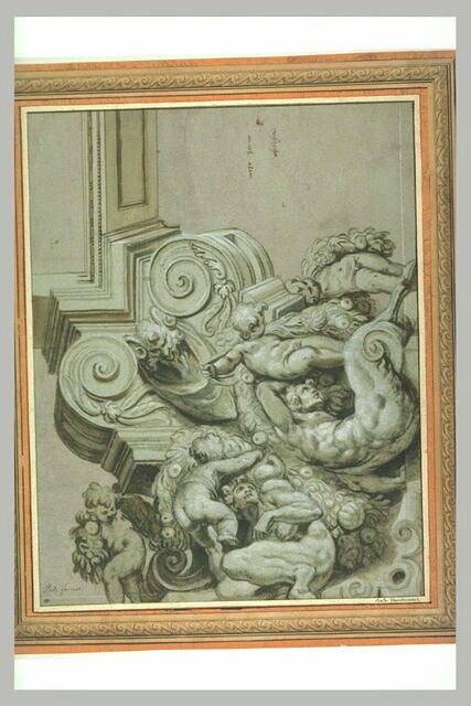 Projet de décoration pour un angle de plafond avec putti et guirlandes