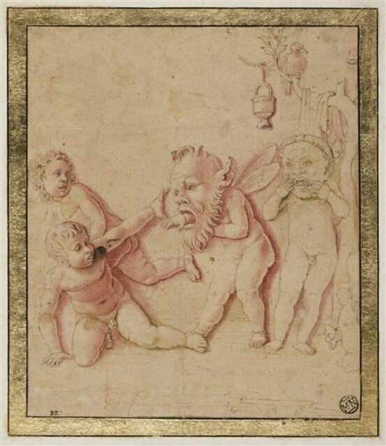 Deux putti masqués effrayant deux enfants