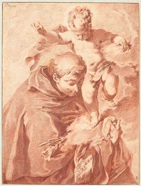 Un saint recevant l'Enfant Jésus dans les bras sur un étoffe