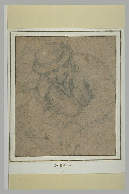 Demi-figure d'homme coiffé d'un chapeau rond, accoudé, regardant en bas