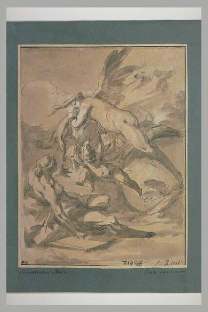 Femme nue ailée avec deux amours volant au dessus d'une figure à terre
